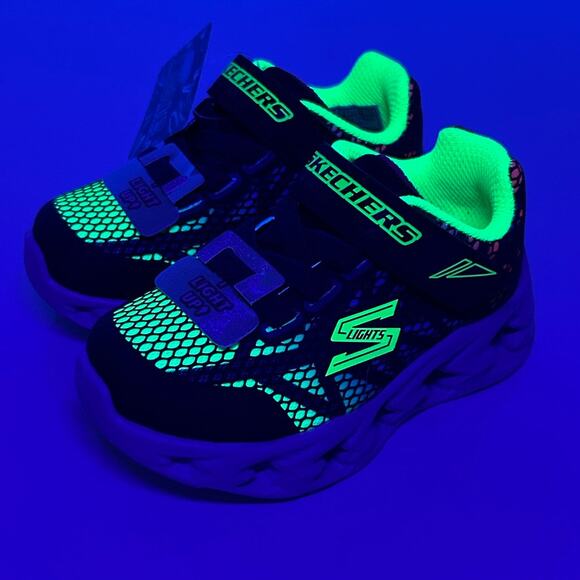 Skechers S-Lights Toddler 6 Light Up Boys Shoes Navy Neon Hook Loop Sneakers NEW - Picture 3 of 13